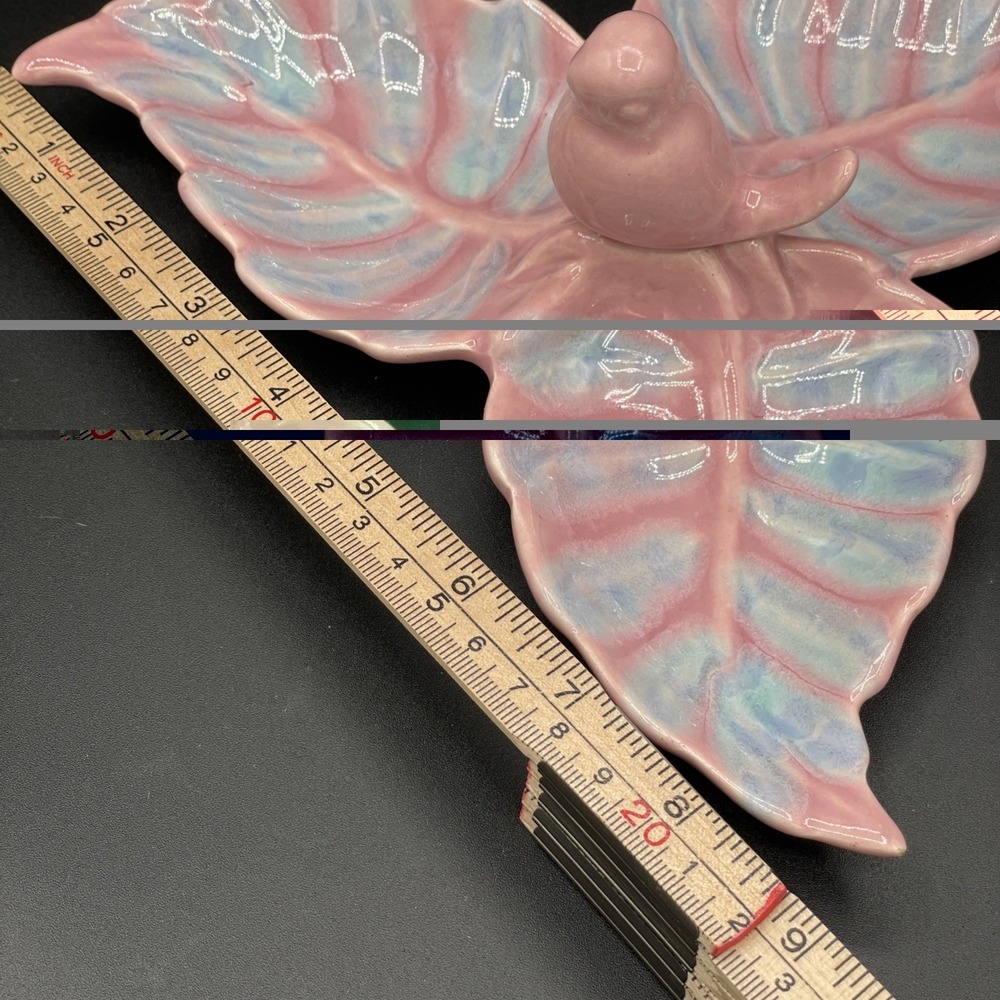 Vintage 1950's Royal Copley 3 Leaf Trinket Dish Pink Blue With Bird Incised USA - Picture 9 of 14